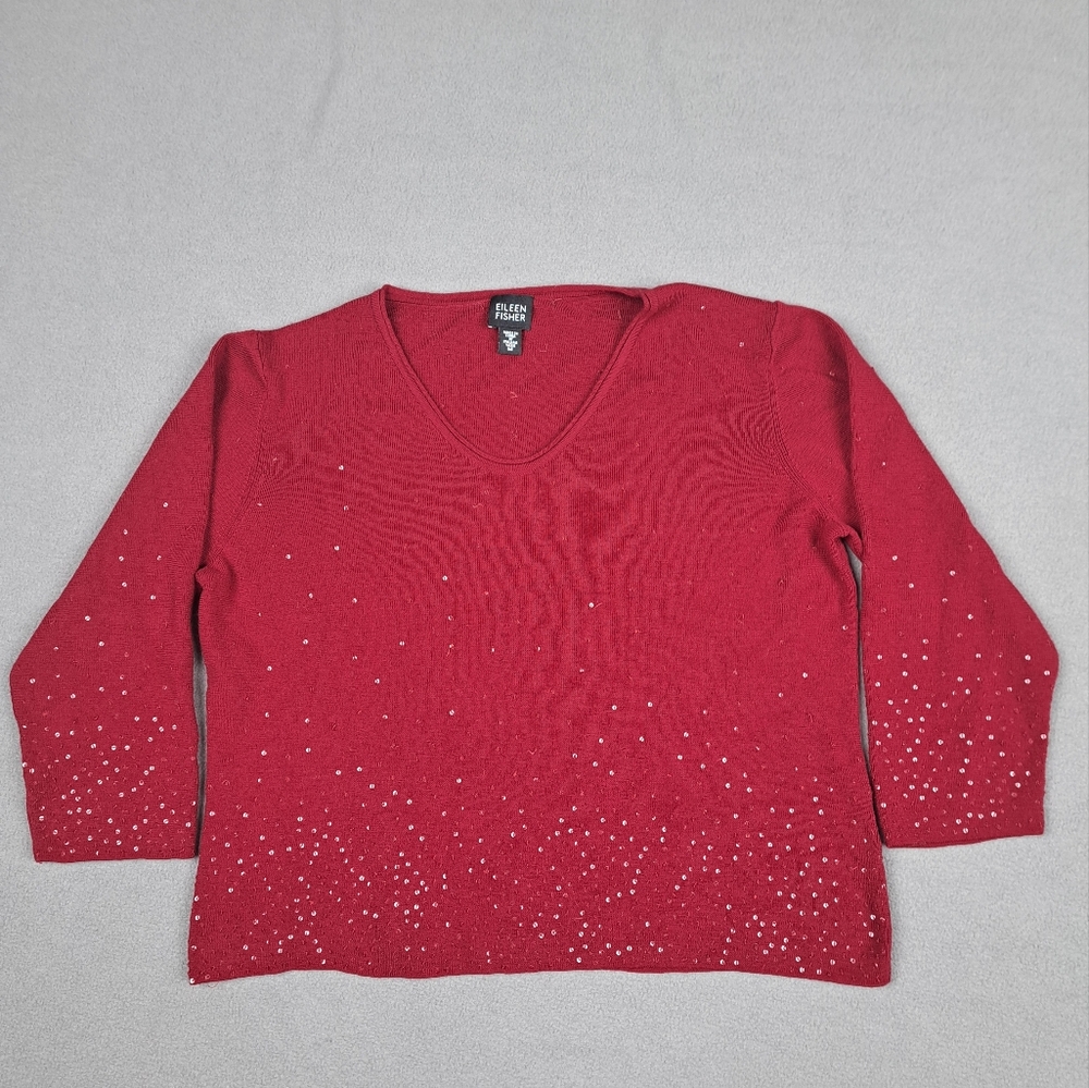 Eileen Fisher Merino Wool Sweater Women's Medium Red Sequins Cropped Fit 18 x 18